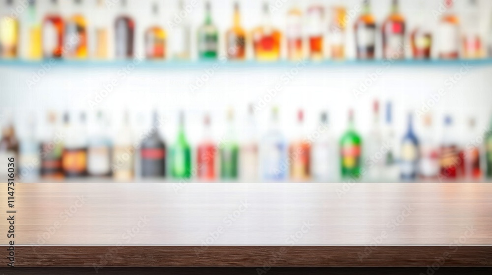 Blurred Bar Background with Wooden Countertop and Bottles Displayed Blurred Bar Background with Wooden Countertop and Bottles Displayed