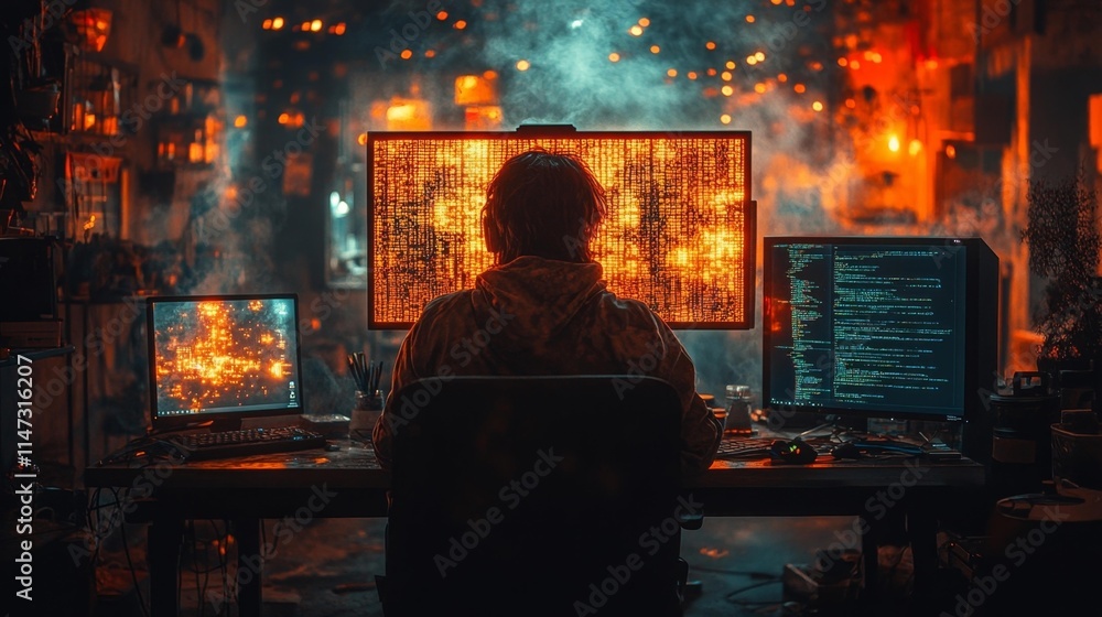 Cyberpunk Hacker Working in a High-Tech Environment. Generative AI Cyberpunk Hacker Working in a High-Tech Environment. Generative AI
