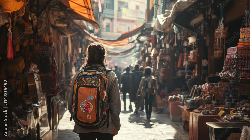 Naklejka premium Woman backpacker exploring vibrant, crowded Asian market street.