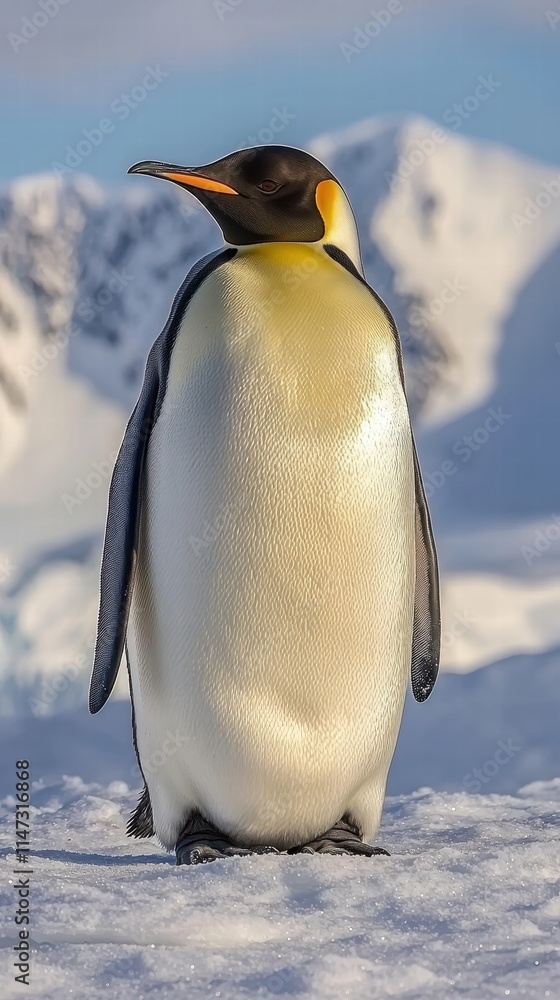 Fototapeta premium Penguin standing on snow and rocks in polar regions during winter