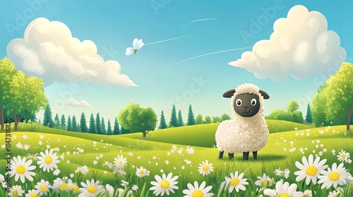 Cartoon Sheep and Cow in a Sunny Meadow Illustration with Lamb and Pig on Green Grass Field photo