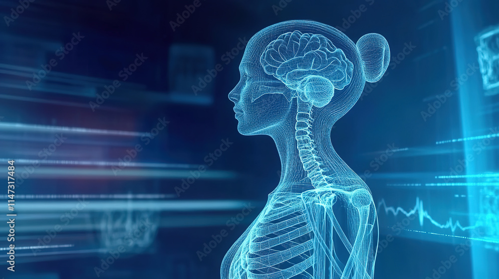 Translucent female human body, bone and nervous system graphics in holographic image Translucent female human body, bone and nervous system graphics in holographic image