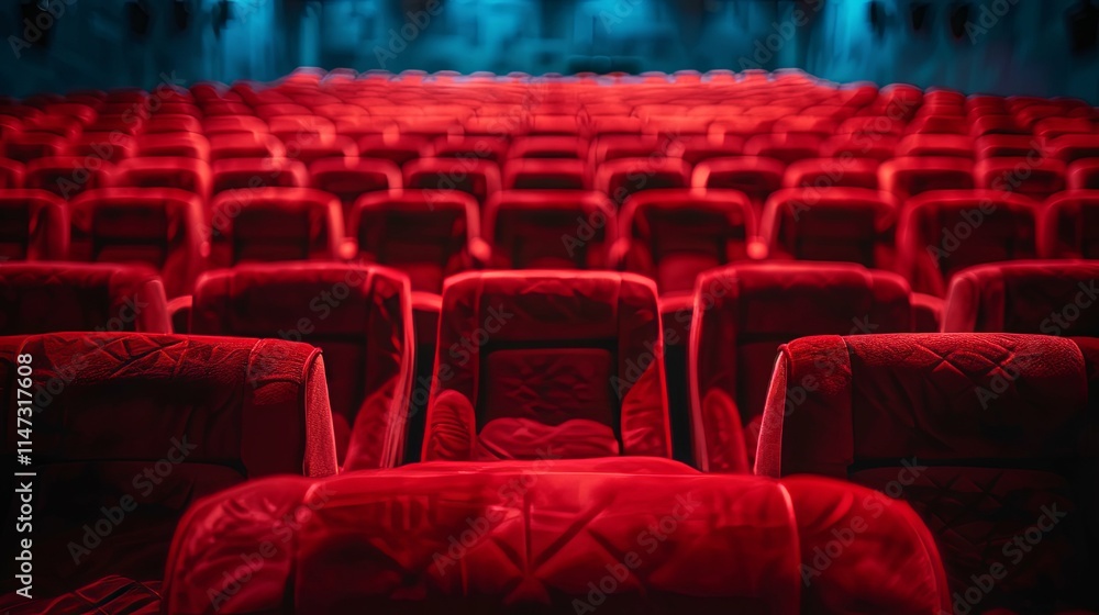 Rows of empty red velvet cinema seats in a dark theater. Rows of empty red velvet cinema seats in a dark theater.