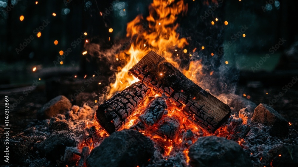 Fototapeta premium Fiery bonfire burning brightly at night, embers glowing, sparks flying.