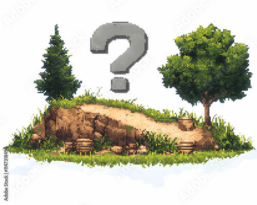 Pixel Art Island Mystery Question Mark on Hilltop Landscape Game Asset. photo