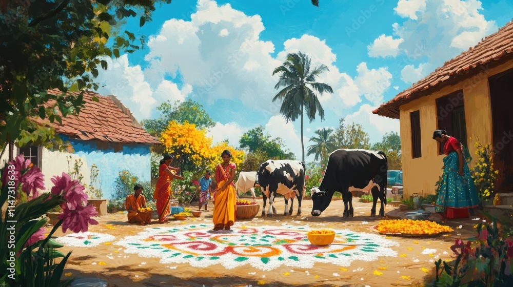 Vibrant rural Indian village scene with women creating colorful rangoli ...