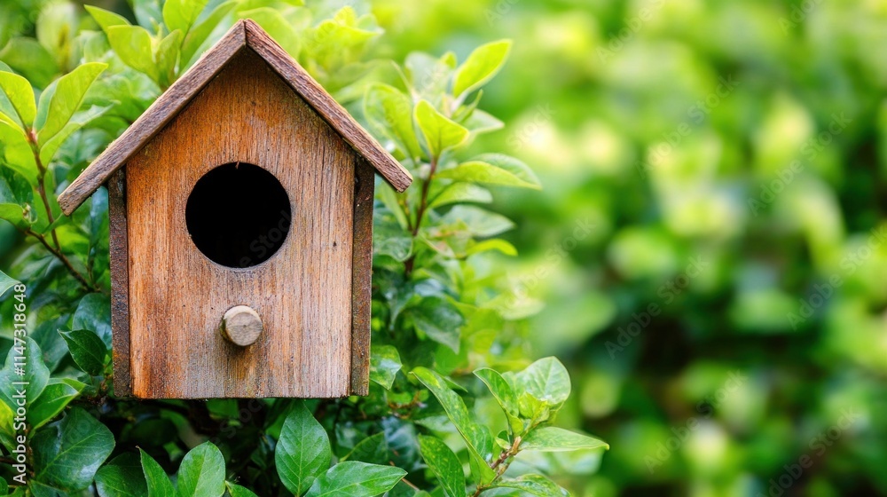 Rustic wooden birdhouse nestled in lush green foliage. Rustic wooden birdhouse nestled in lush green foliage.