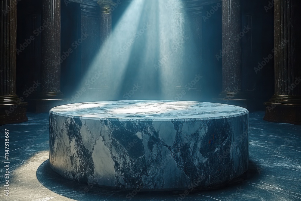 A circular marble platform illuminated by beams of light in a grand, shadowy space. A circular marble platform illuminated by beams of light in a grand, shadowy space.