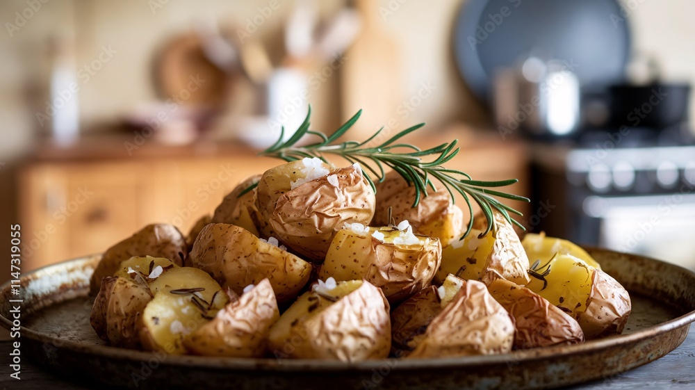 Golden Roast Potatoes with Rosemary and Garlic on a Rustic Tray in a Warm Kitchen Golden Roast Potatoes with Rosemary and Garlic on a Rustic Tray in a Warm Kitchen