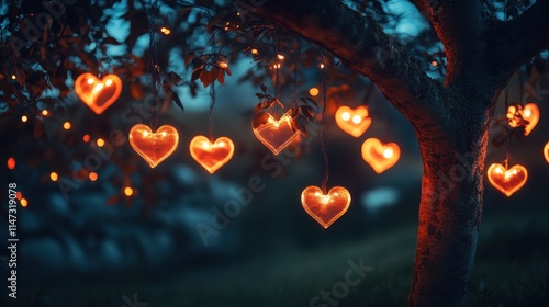 Illuminated Heart Shaped Lights Adorn Tree Branches At Night