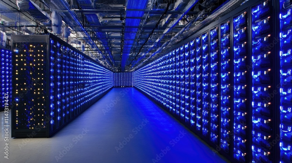 Obraz premium Data center with rows of servers lit with blue lights.