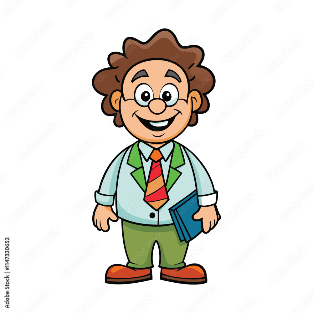 A Joyful Cartoon Teacher Character Holding a Book and Smiling on White Background A Joyful Cartoon Teacher Character Holding a Book and Smiling on White Background