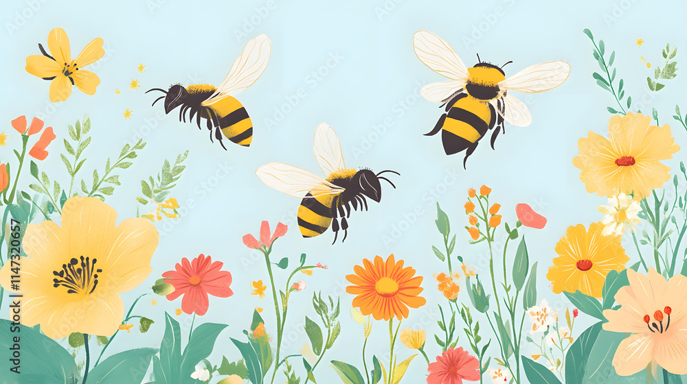 Playful bees flying over a colorful flower meadow on a sunny day, charming illustration celebrating pollinators, nature, and springtime beauty in a vibrant field Playful bees flying over a colorful flower meadow on a sunny day, charming illustration celebrating pollinators, nature, and springtime beauty in a vibrant field