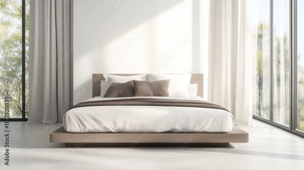 Fototapeta premium Minimalist bedroom with white and soft taupe bedding. Featuring a clean, bright design with minimal decoration