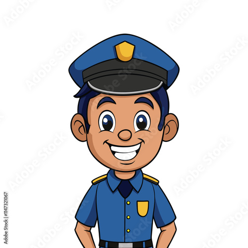 Cheerful Cartoon Police Officer Character in Blue Uniform and Cap Smiling on White Background