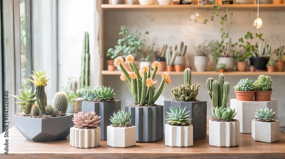 Assorted succulents and cacti in geometric concrete pots on wooden table. Assorted succulents and cacti in geometric concrete pots on wooden table.