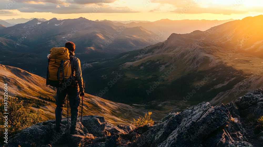 Hiker standing on a mountain peak at sunset, breathtaking view of valleys and rugged terrain, inspiring adventure and exploration, perfect for travel, nature, and outdoor themes Hiker standing on a mountain peak at sunset, breathtaking view of valleys and rugged terrain, inspiring adventure and exploration, perfect for travel, nature, and outdoor themes