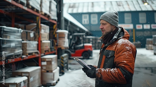 Warehouse Worker Checking Inventory in Snowy Conditions
