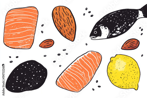 A drawing of various foods including fish, nuts, and a lemon photo