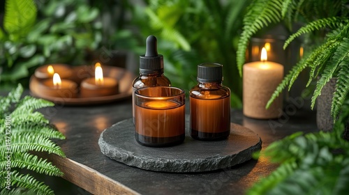 Spa aromatherapy oils and candles on dark surface.