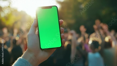 A Smartphone with green screen, Captures the Bustling Streets of a City, with a crowd theme. photo