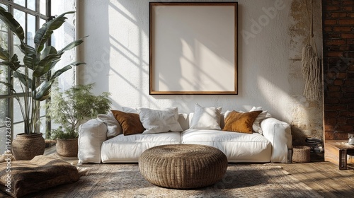 Modern Living Room with Vertical Frame Mockup and Soft Neutral Tones. Generative AI photo