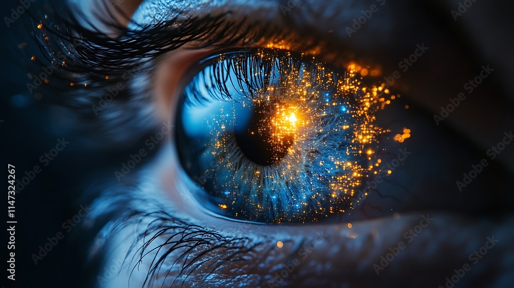 The Spark Within: A mesmerizing close-up of a human eye, with a captivating burst of golden light radiating from its depths, signifying a profound connection to the universe and inner strength.
