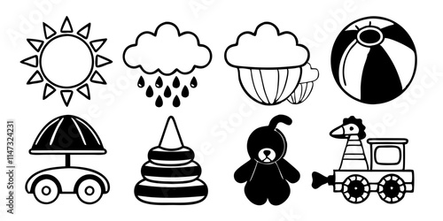 Different kinds of Set of Toys Vector Thin Line, Flat Design Icons with Cloud, Sun, Rain and more. isolated on white background