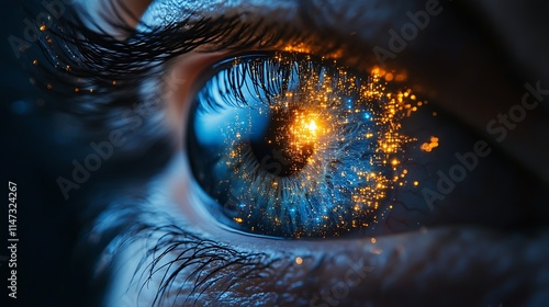 Obraz na płótnie The Spark Within: A mesmerizing close-up of a human eye, with a captivating burst of golden light radiating from its depths, signifying a profound connection to the universe and inner strength. w salonie
