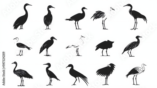 Collection of bird silhouettes, artistic black and white illustration of herons, cranes, storks, perfect for design projects, prints, nature themes, and wildlife art photo