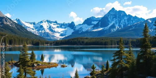 A breathtaking view of snow-capped mountains reflected in a crystal clear lake, surrounded by lush green forests, adventure, scenery, reflection