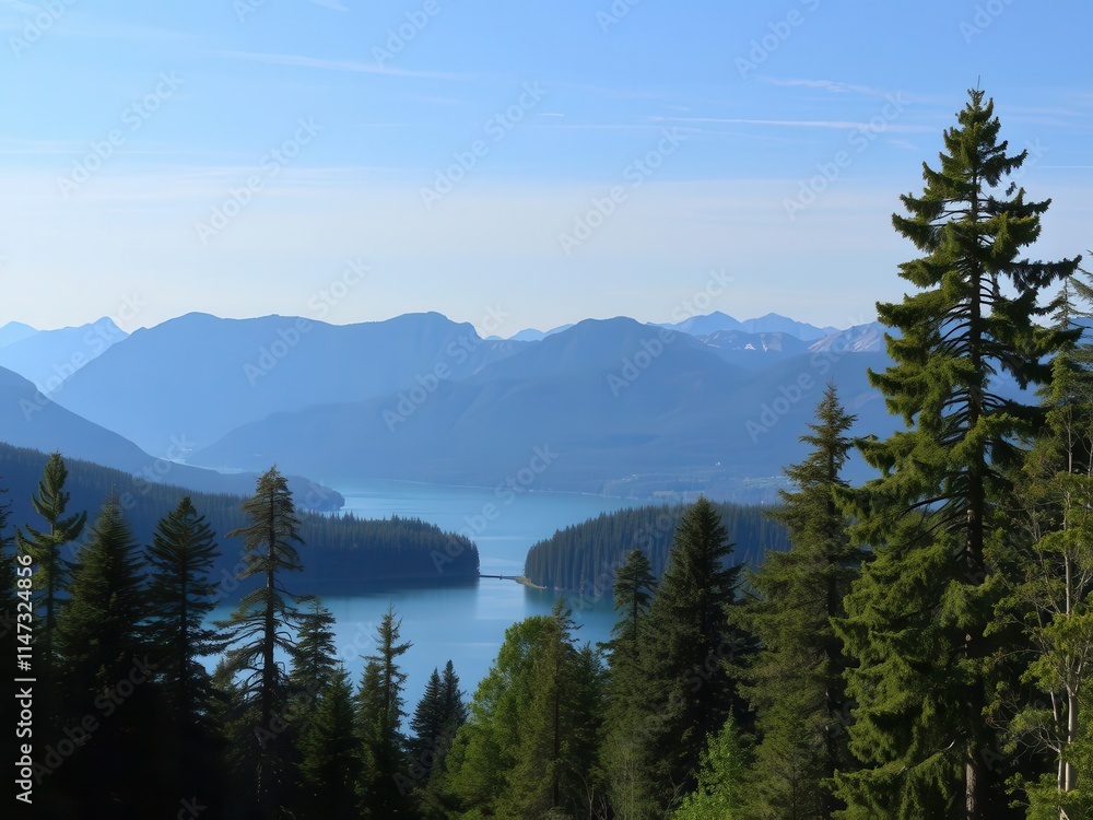 A stunning panoramic view of a tranquil lake surrounded by lush green forests and towering mountains in the background, trees, landscape, serene A stunning panoramic view of a tranquil lake surrounded by lush green forests and towering mountains in the background, trees, landscape, serene