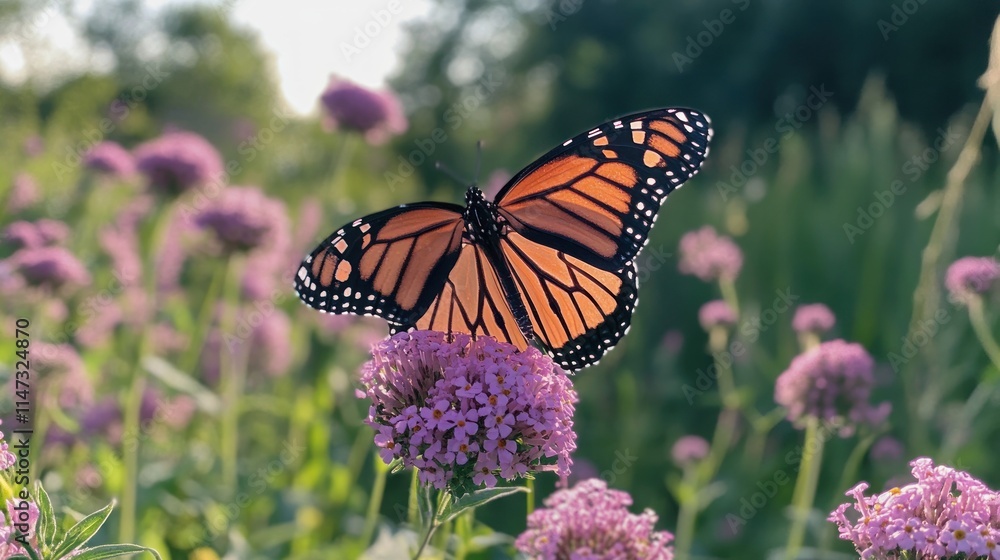 Naklejka premium Monarch Butterfly Resting on Purple Flower Blooms