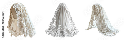 Elegant Bridal Veils with Intricate Lace Detailing Isolated on transparent background photo