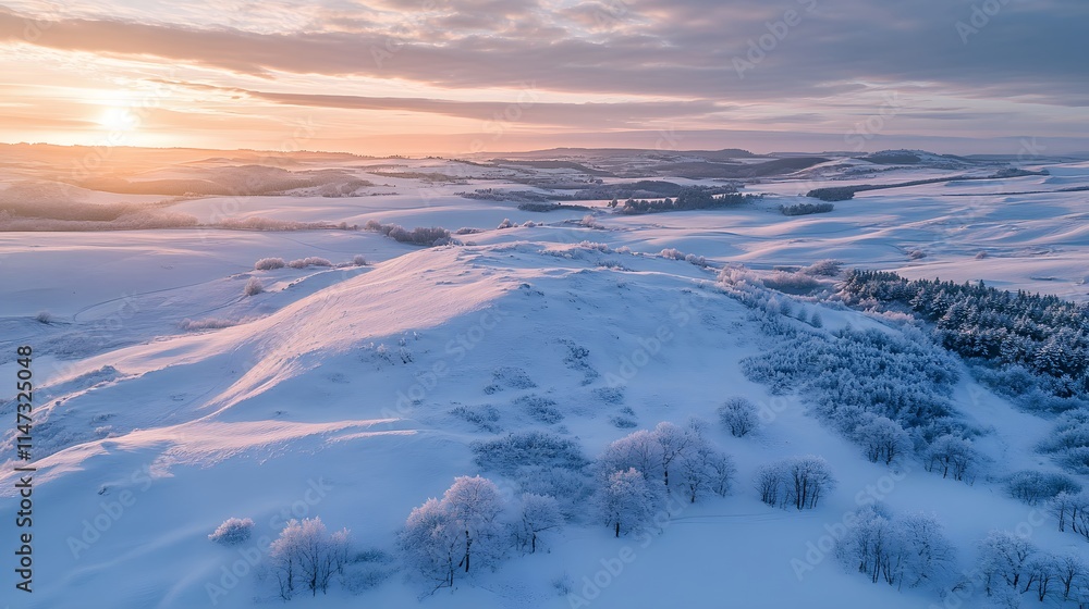 Fototapeta premium Aerial view of frost-covered sand dunes glowing under the soft light of a winter sunrise
