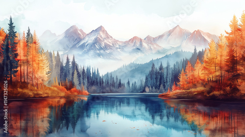 Mountains, forests, and a lake are shown in a watercolor scene. Autumnal landscape.