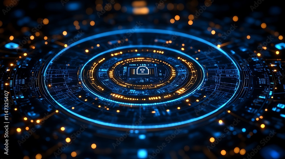 Cybersecurity Nexus: Futuristic digital interface with a central padlock icon, radiating concentric circles of glowing blue and gold energy. Abstract technological background for data protection. Cybersecurity Nexus: Futuristic digital interface with a central padlock icon, radiating concentric circles of glowing blue and gold energy. Abstract technological background for data protection.