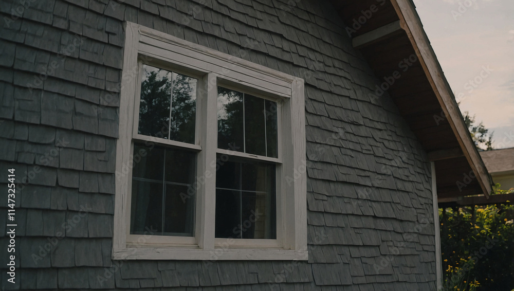 A grey shingled house exterior with a white double-hung window. The window is rectangular and features multiple panes. Part of the roofline and some surrounding vegetation are visible. A grey shingled house exterior with a white double-hung window. The window is rectangular and features multiple panes. Part of the roofline and some surrounding vegetation are visible.