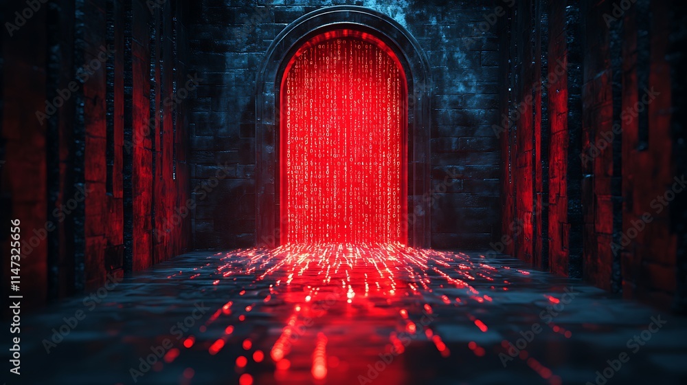 Crimson Gateway: A digital art rendering of an ancient, arched gateway pulsating with vibrant crimson energy, casting an ethereal glow on the stone floor. Crimson Gateway: A digital art rendering of an ancient, arched gateway pulsating with vibrant crimson energy, casting an ethereal glow on the stone floor.