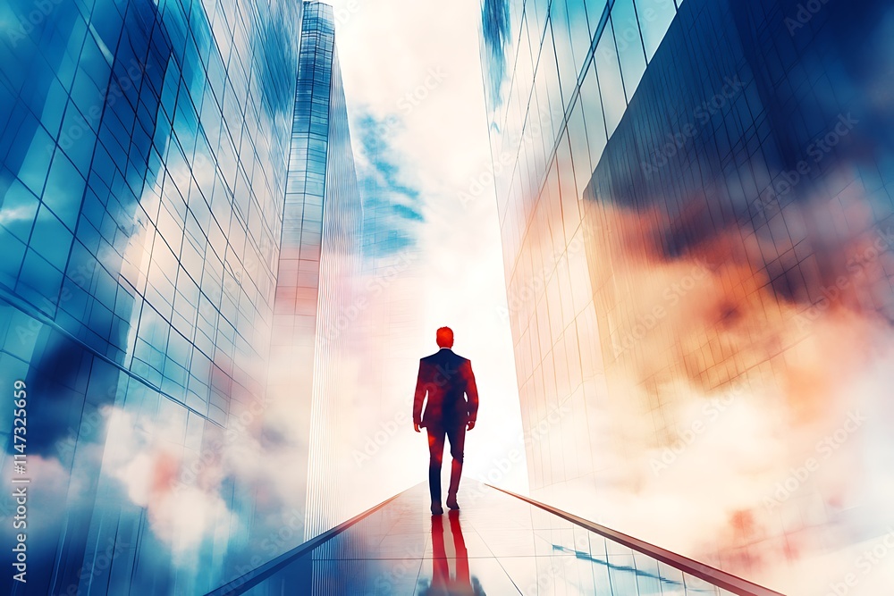 Obraz premium Businessman walking towards bright future. Concept of success, ambition, and opportunity.