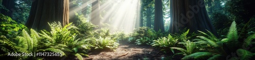 Sunbeams illuminate a forest path amidst lush ferns and towering trees. photo