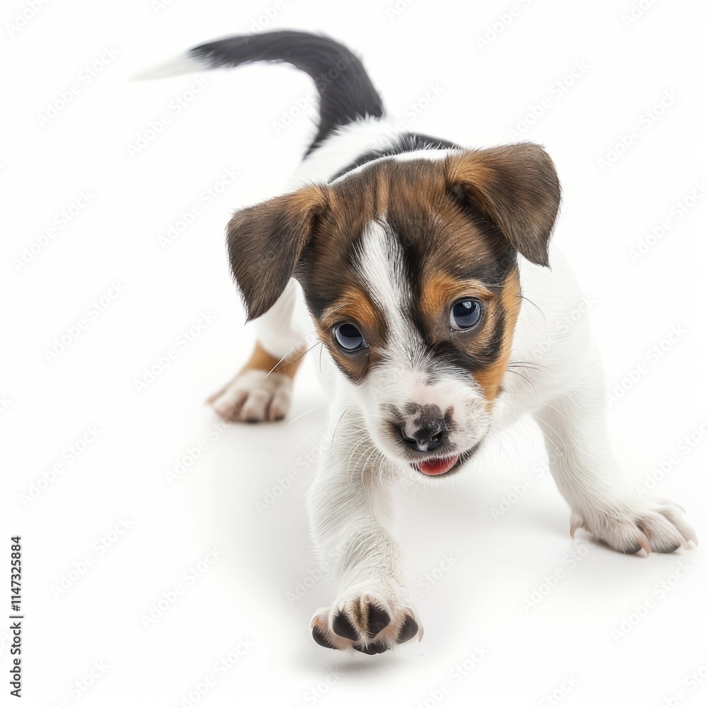 A playful puppy chasing its tail, isolated in white, white background A playful puppy chasing its tail, isolated in white, white background