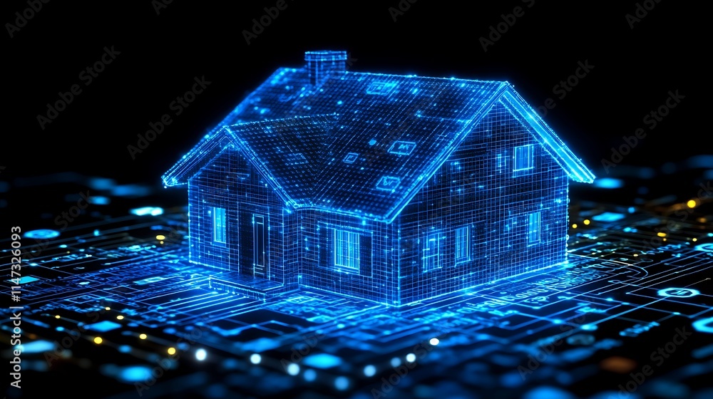 Digital Home of the Future: A futuristic, digital representation of a home, constructed from glowing blue lines and data points, symbolizing the interconnectedness of smart home technology. Digital Home of the Future: A futuristic, digital representation of a home, constructed from glowing blue lines and data points, symbolizing the interconnectedness of smart home technology.