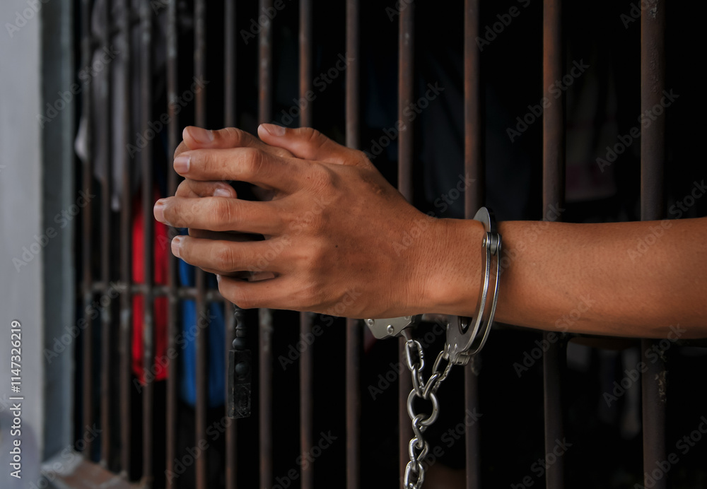 Obraz premium prisoner's hands behind bars with black background