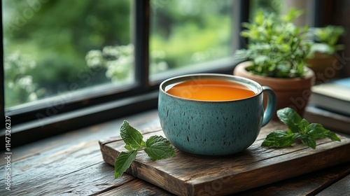 A Cozy Scene of Herbal Tea Sitting by the Window in Nature photo