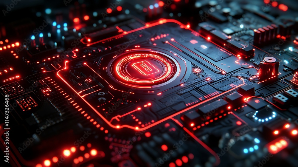Cybernetic Heartbeat: A mesmerizing close-up of a glowing red circuit board, pulsing with digital energy and technological prowess. Cybernetic Heartbeat: A mesmerizing close-up of a glowing red circuit board, pulsing with digital energy and technological prowess.