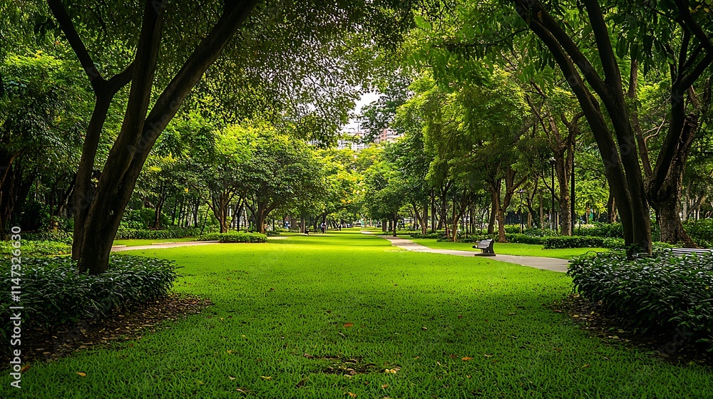 Fototapeta premium A green urban park with a variety of trees planted strategically along walking paths, offering a peaceful retreat in the middle of the city. 