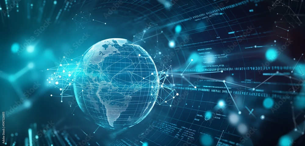 A modern technology background with a 3D rendering of a digital globe surrounded by orbiting data points and lines, symbolizing global connectivity and information flow. A modern technology background with a 3D rendering of a digital globe surrounded by orbiting data points and lines, symbolizing global connectivity and information flow.