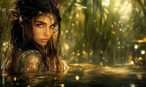 Mystical woman, golden water, enchanted forest.
