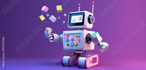 A playful 3D robot with a compact body and colorful buttons, juggling small digital cubes on a purple background.